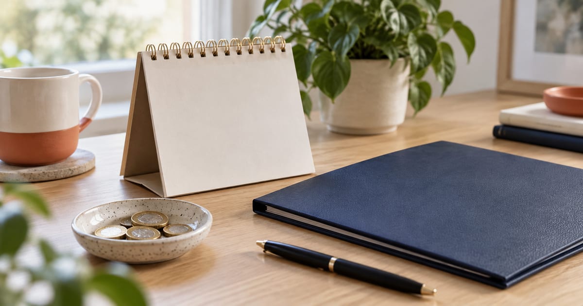 A desk calendar, coins and a document folder illustrating insurance budgeting.