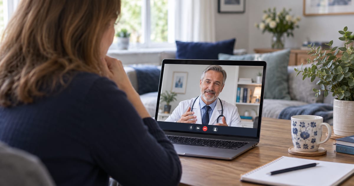 An adult speaking with a medical consultant through a laptop at home.