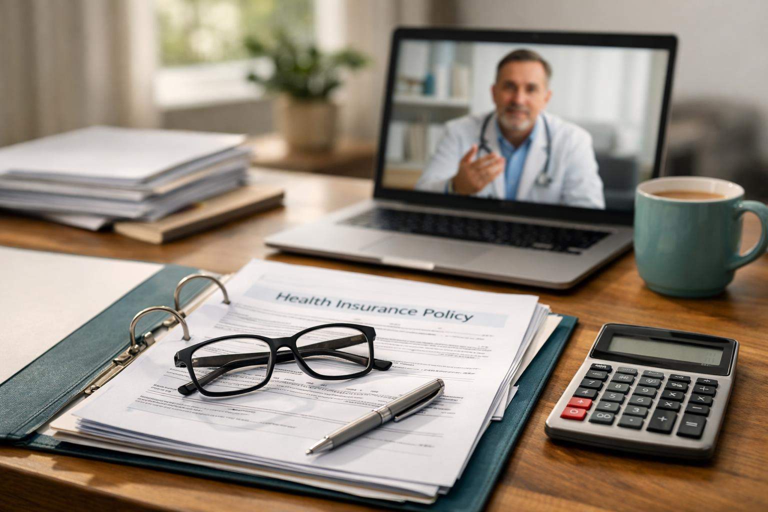 Glasses, pen, and health insurance documents on a desk with a calculator and a laptop showing a doctor on a video call