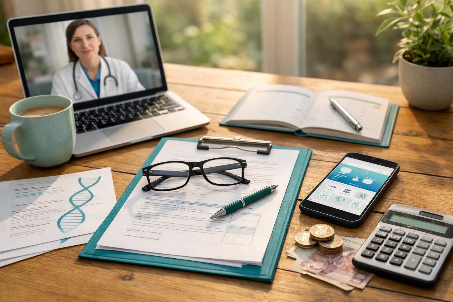 Wooden desk with documents including a DNA image, glasses, pen, calculator, phone, money, and a laptop showing a female doctor on screen for a video call.