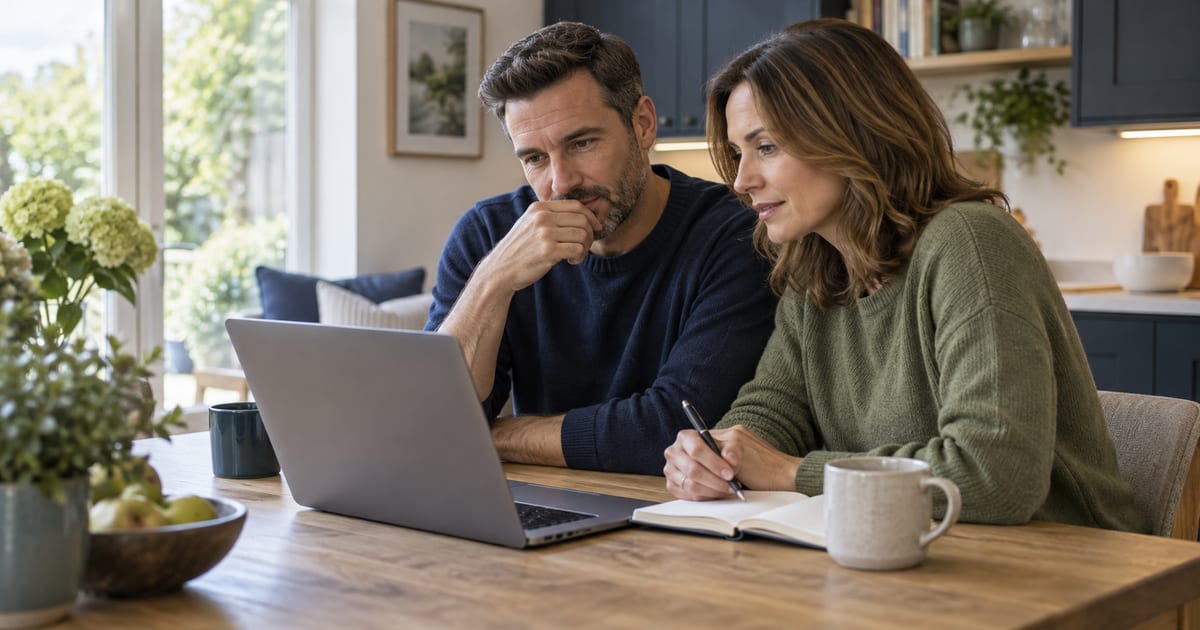 A couple researching health insurance together on a laptop.