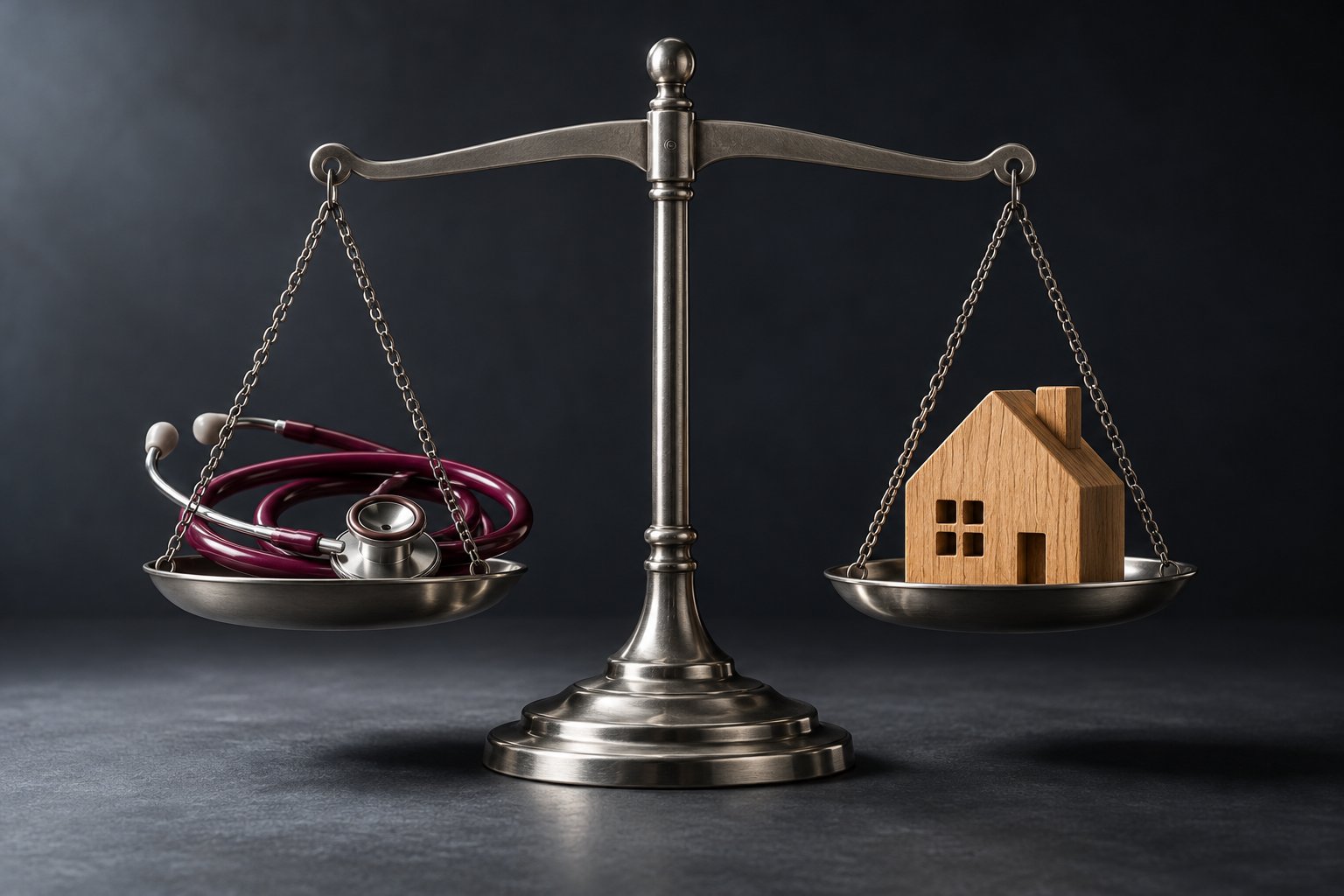 A metal balance scale holding a burgundy stethoscope in one pan and a wooden house in the other.