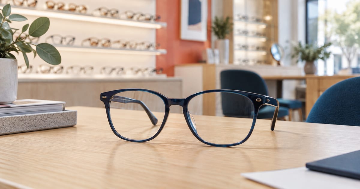 Prescription spectacles on a desk in an optical practice.