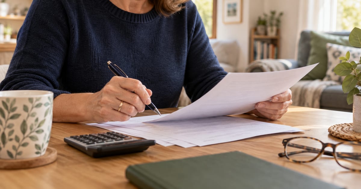 A person reviewing insurance paperwork with a calculator and pen.