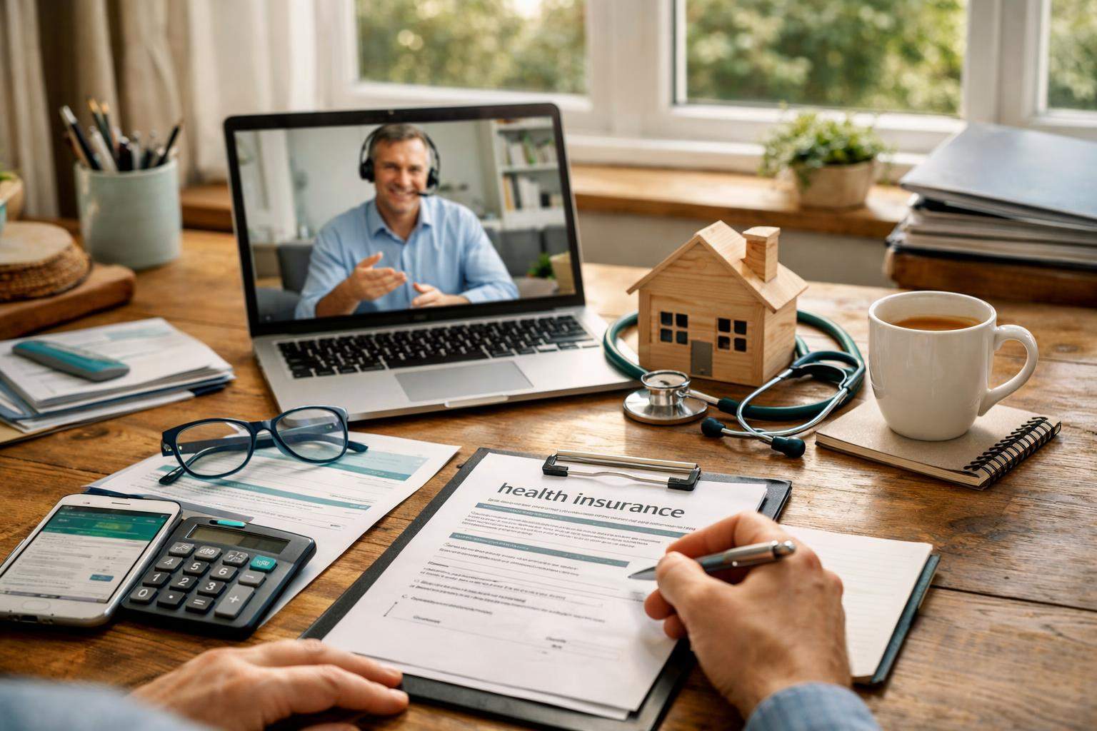 Person completing health insurance paperwork during a video call with a man wearing a headset on a laptop, with a wooden house model and stethoscope on the table.